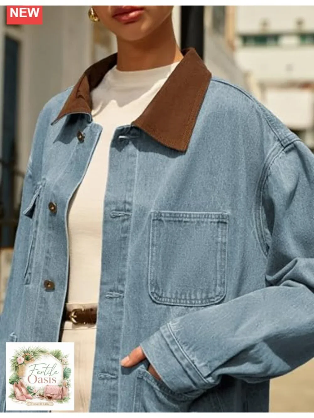 Oversized Denim Shacket with Contrast Collar and Pockets